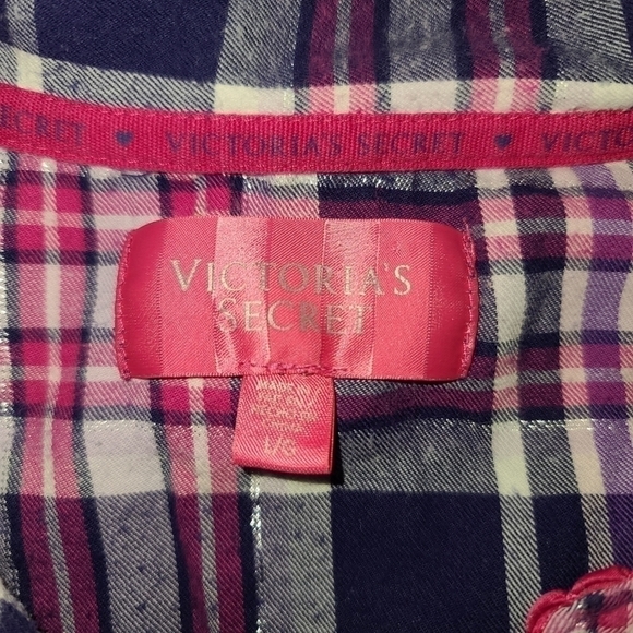 Vs PINK White Pink Blue Silver Plaid Button-Up Pajama Top - Picture 2 of 3